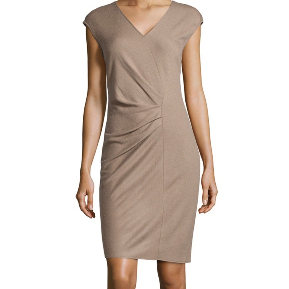 Halston Heritage Midi Dress Ruched Wool in Fossil